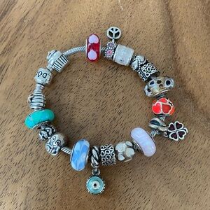 Authentic PANDORA Snake Chain Bracelet with 18 charms and Jewelry Box